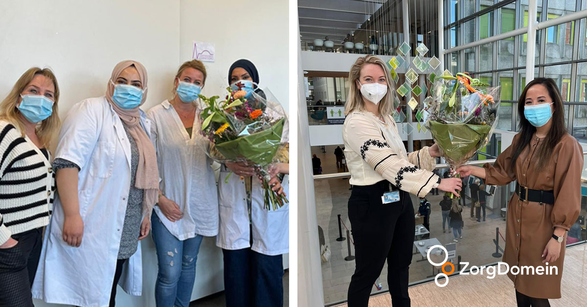 Accountmanager Felicia Yap ging op pad om de Huisartsenpraktijk Zonneoord en het Haga Ziekenhuis in Den Haag te verrassen met een bos bloemen